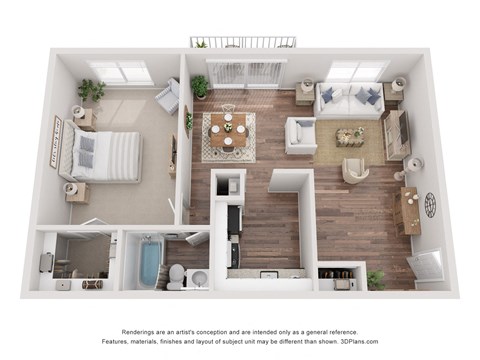Floor plan for 1 bed, 1 bath, 836 sqft